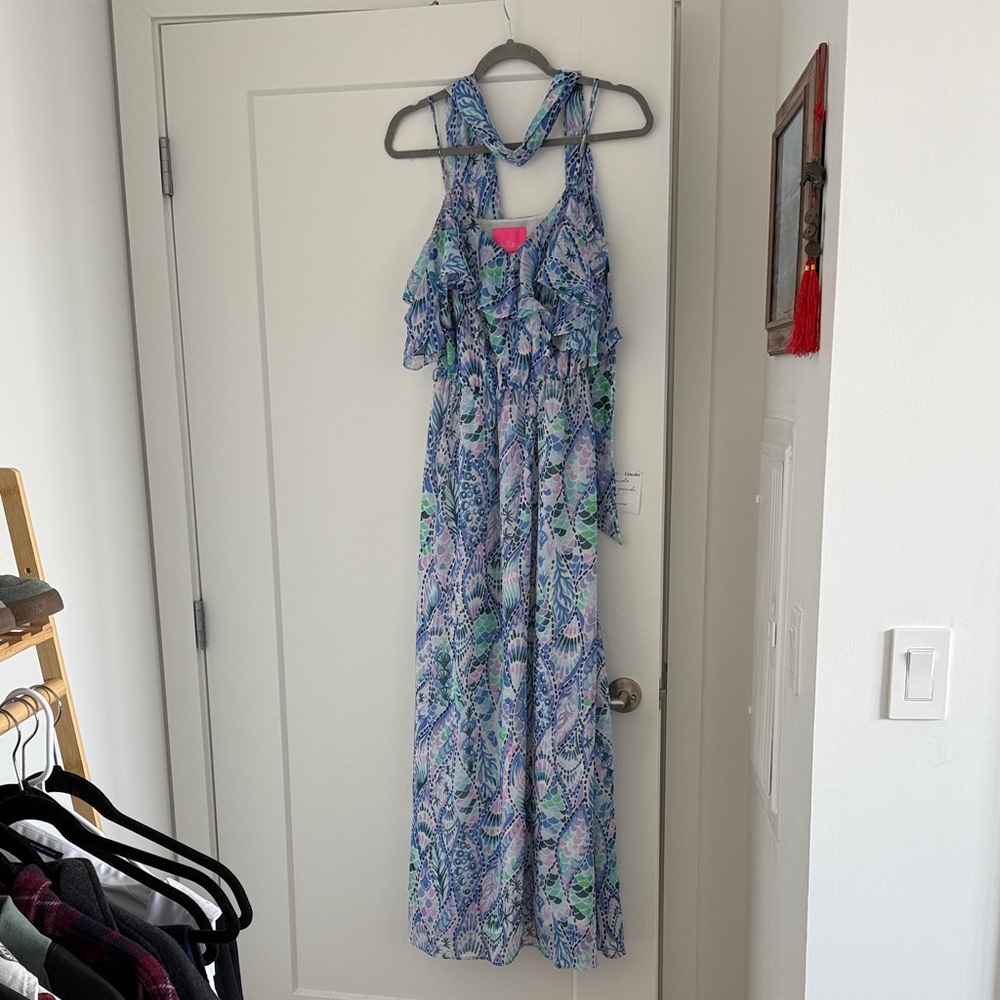 Lilly Pulitzer Vibrant Blue and Green Maxi Dress w/ Removable Scarf